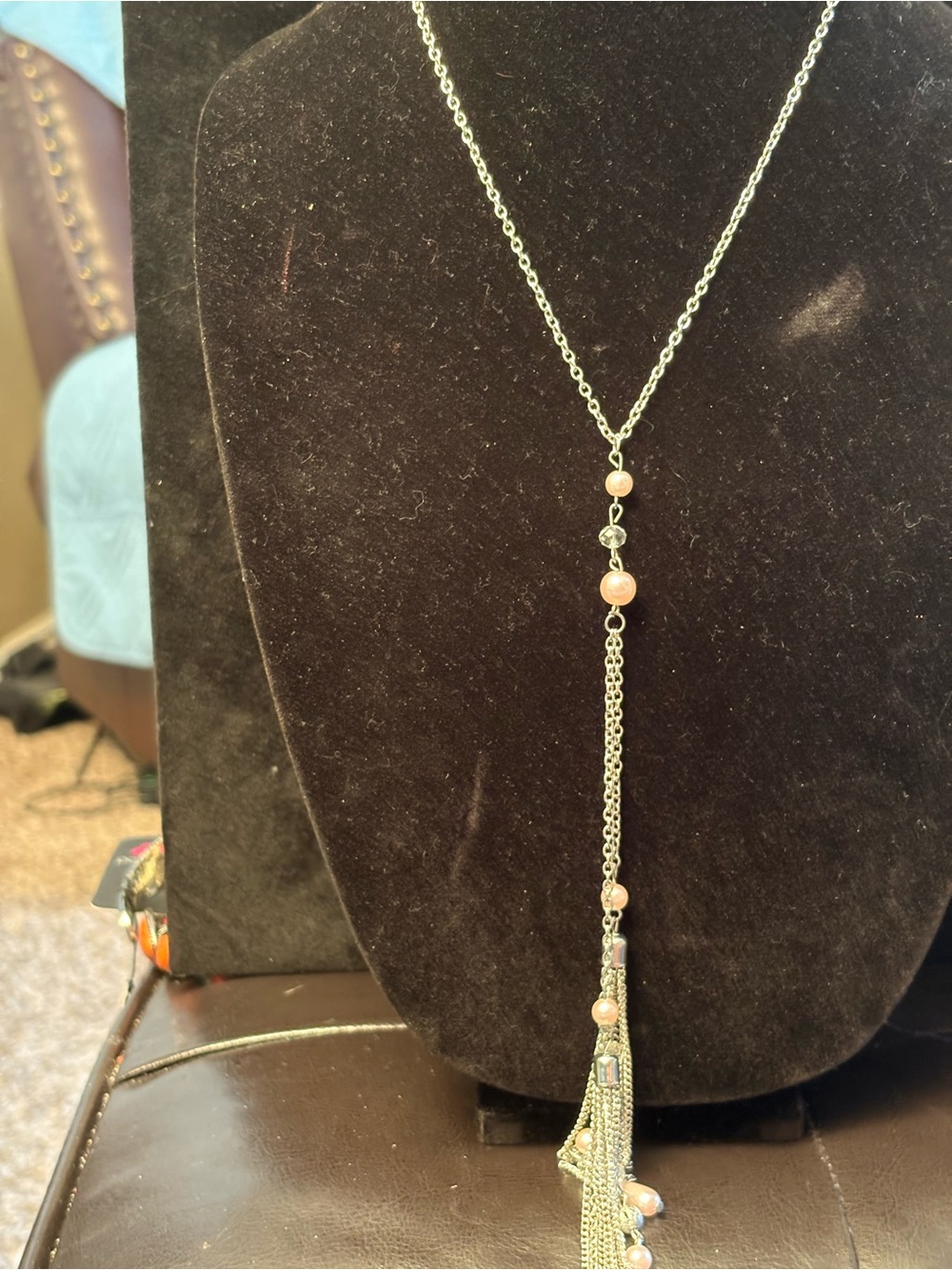 Silver-Tone Lariat Necklace with Pink Bead Accents, long chain